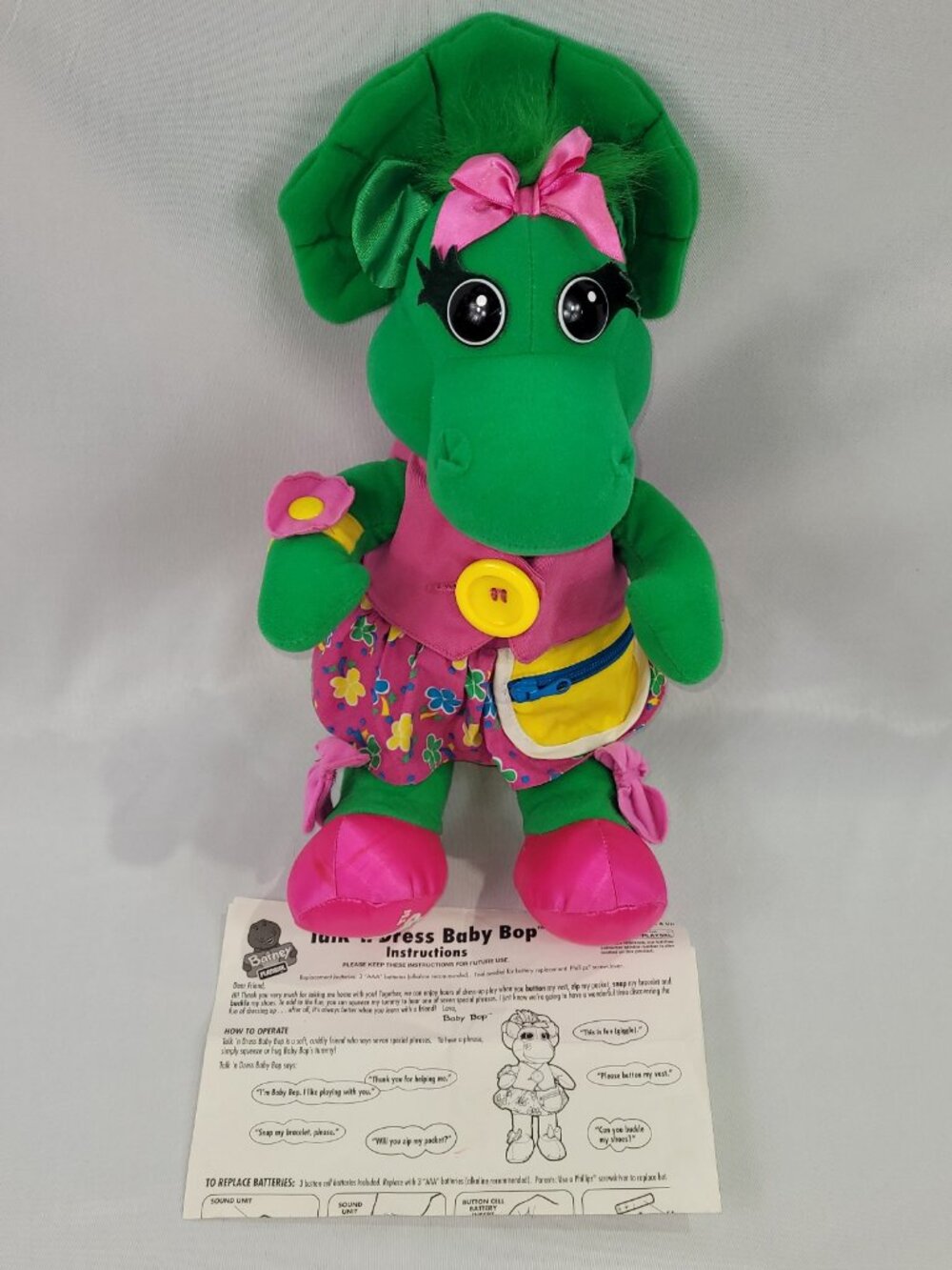 Barney & Friends Vintage 1993 Talk Dress Baby Bop Plush 16" Electronic Dinosaur